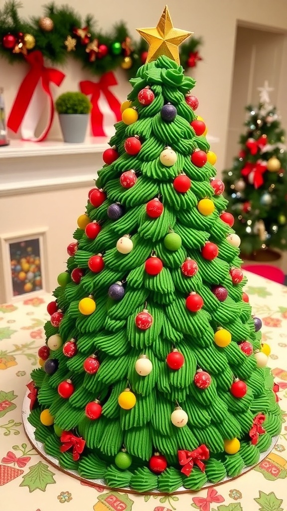 XXL Christmas Tree Recipe A festive XXL Christmas tree cake decorated with green frosting and colorful candies, displayed on a holiday-themed table.